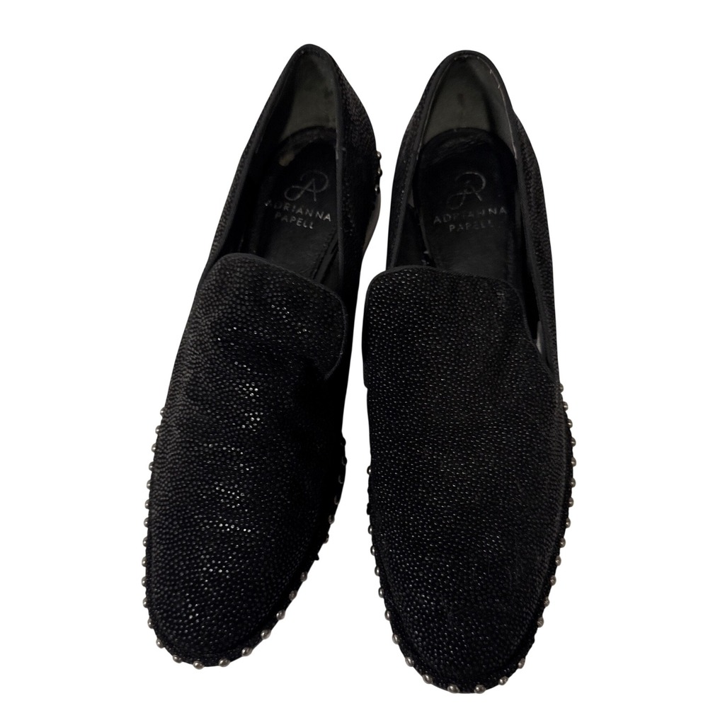 Adrianna Papell Black Stingray Embossed Studded Leather Loafers Womens 9.5M Chic